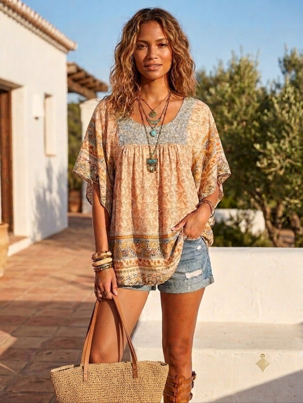 Boho Square-Neck Tunic Top in Cream and Blue Floral